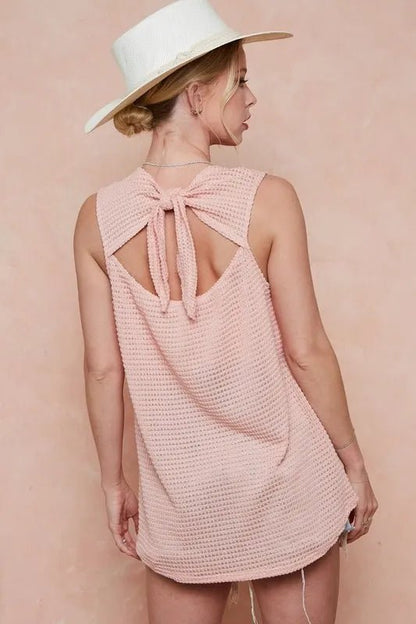 BiBi Popcorn Waffle Open Back Top with Tied Ribbon Chic - Love Salve 