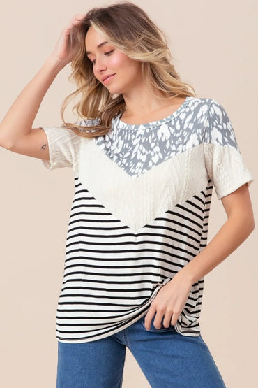 BiBi Printed Color Block Short Sleeve T-Shirt for Women - Love Salve 