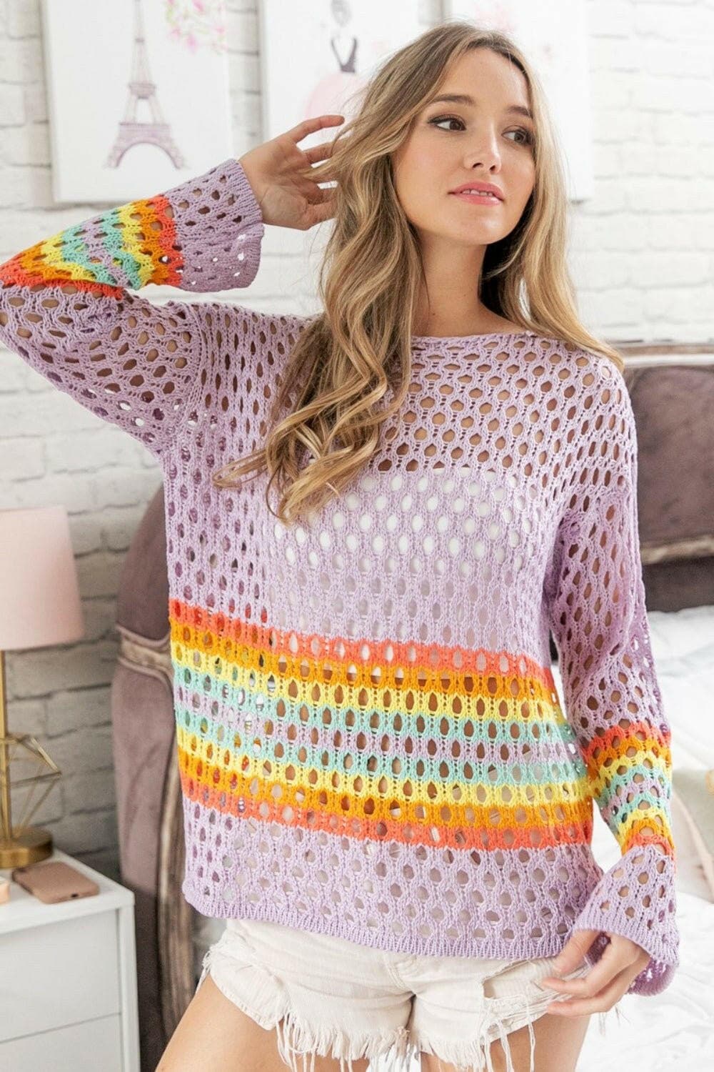 BiBi Rainbow Stripe Hollow Out Cover Up - Love Salve