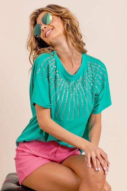 BiBi Rhinestone Beaded Short Sleeve Top - Love Salve