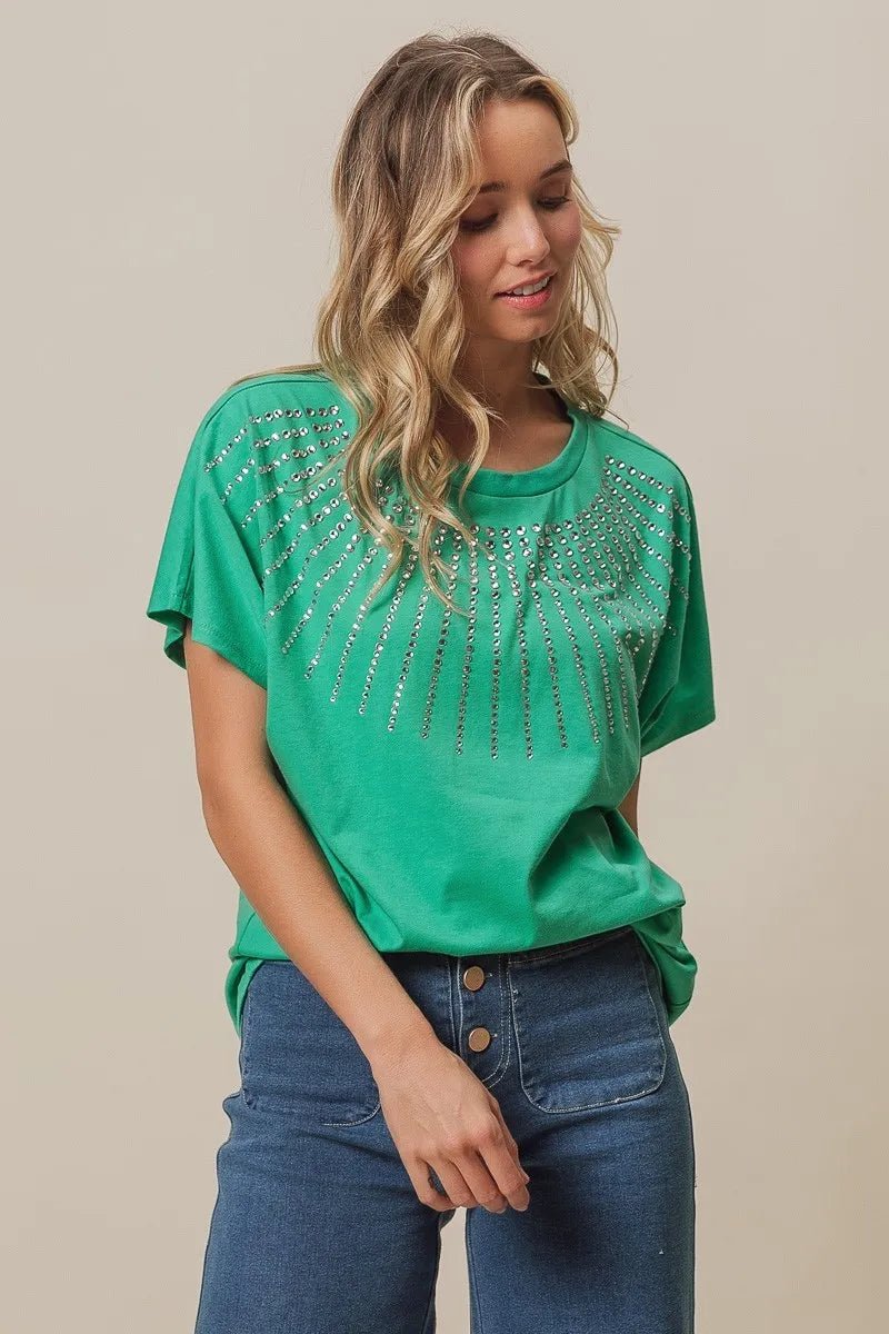 BiBi Rhinestone Beaded Short Sleeve Top - Love Salve