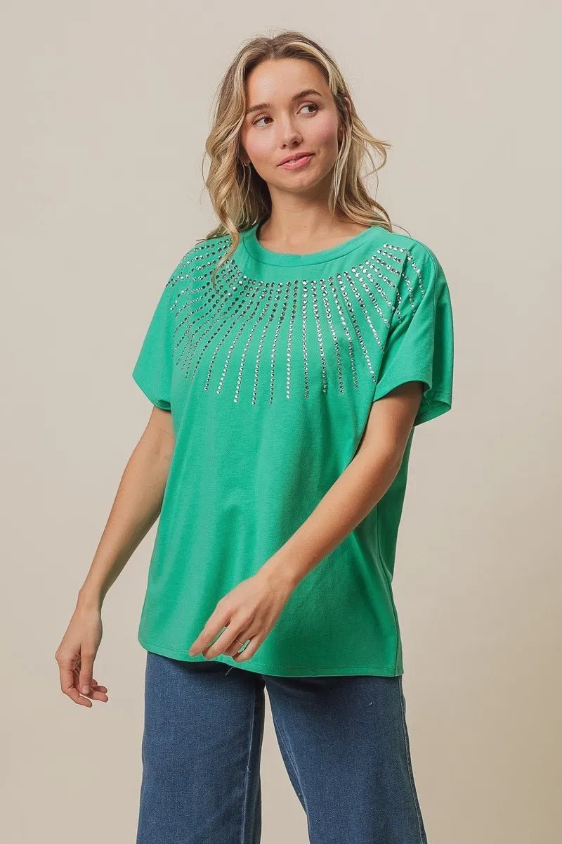 BiBi Rhinestone Beaded Short Sleeve Top - Love Salve