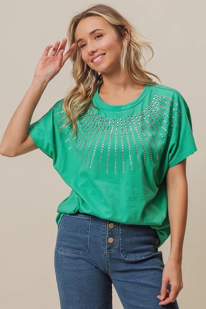 BiBi Rhinestone Beaded Short Sleeve Top - Love Salve