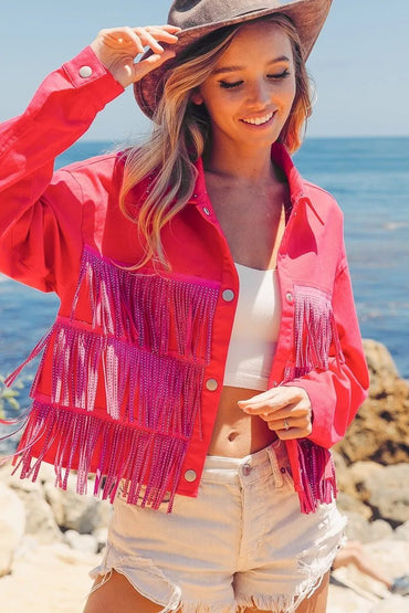 BiBi Rhinestone Fringe with Studed Collar Jacket - Love Salve