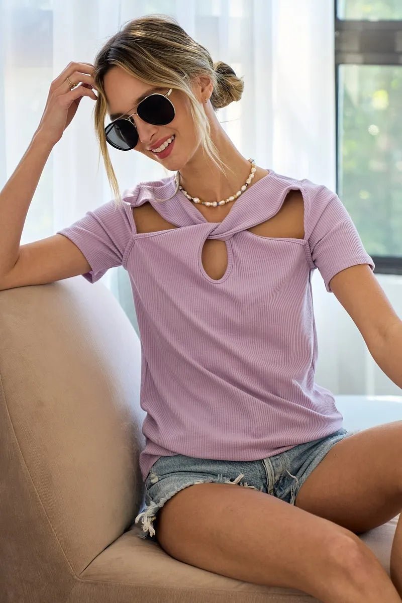 BiBi Rib Knit with Cut Out and Front Twist Detailed Top - Love Salve 