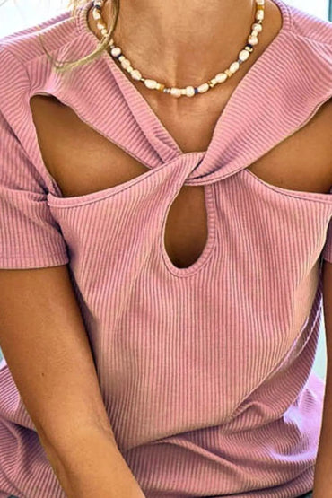BiBi Rib Knit with Cut Out and Front Twist Detailed Top - Love Salve 