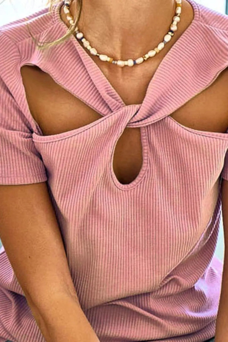 BiBi Rib Knit with Cut Out and Front Twist Detailed Top - Love Salve 