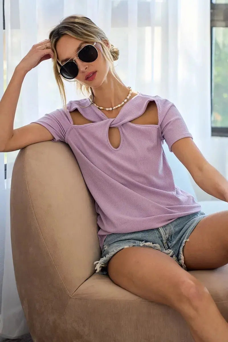 BiBi Rib Knit with Cut Out and Front Twist Detailed Top - Love Salve 