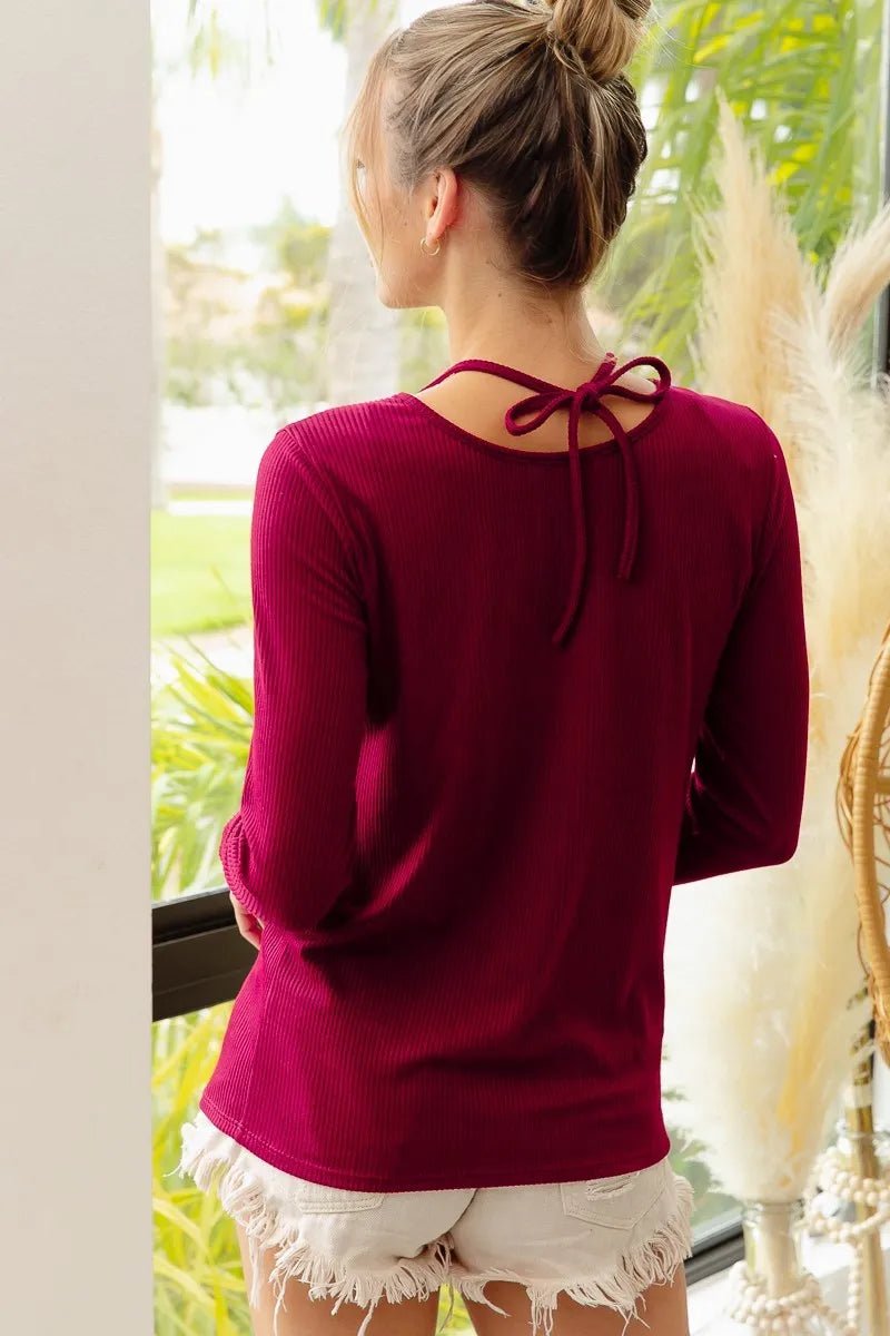 BiBi Rib Knit With Cut Out and Tied Neck Detailed Top - Love Salve 
