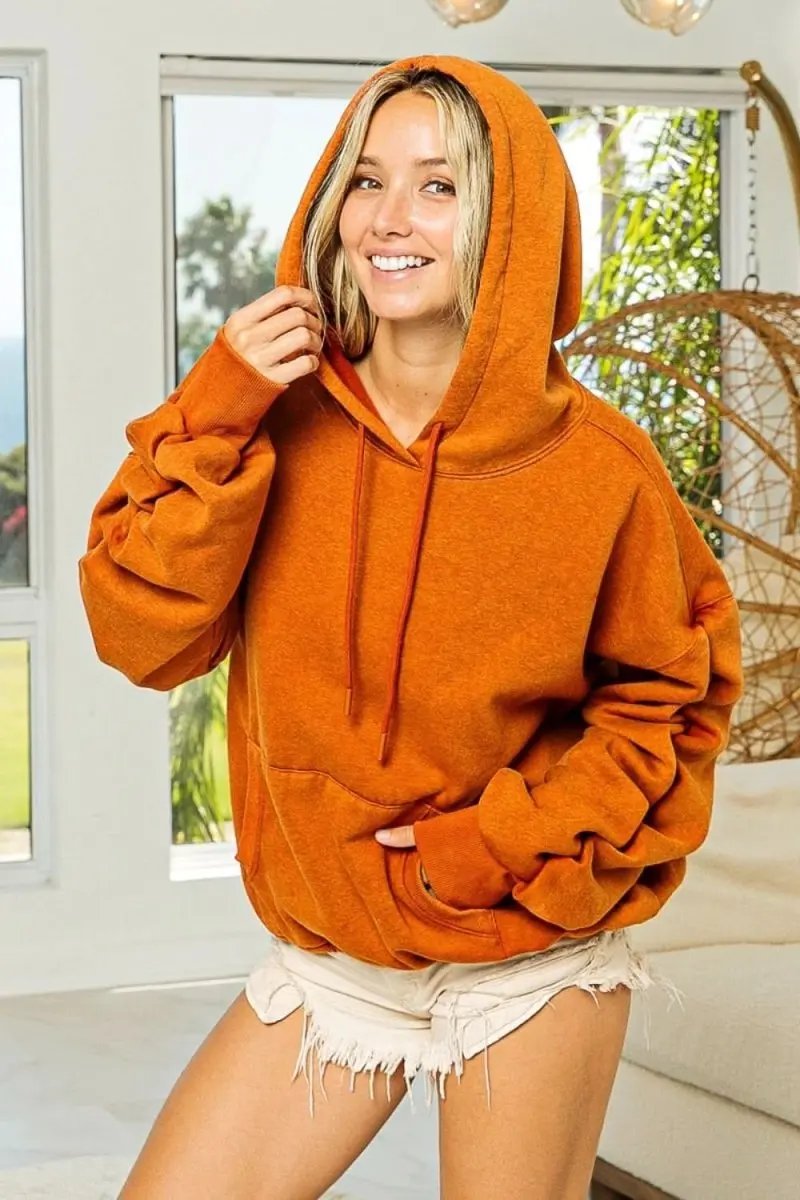 BiBi Ruched Long Sleeve Washed Fleece Hoodie - Love Salve 