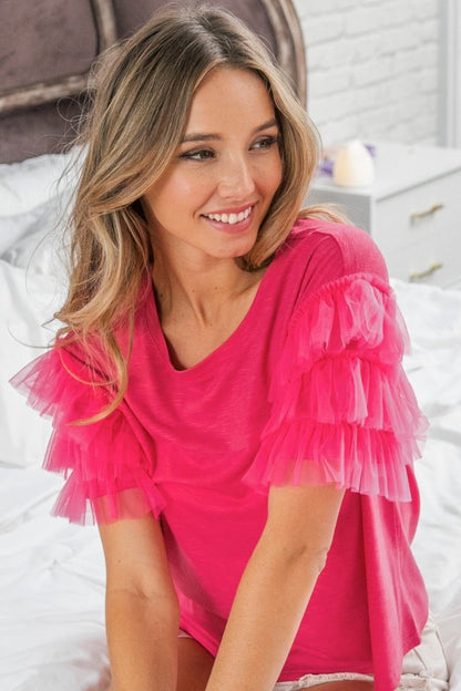 BiBi Ruffle Mesh Lace Layered Short Sleeve Top for Women - Love Salve 