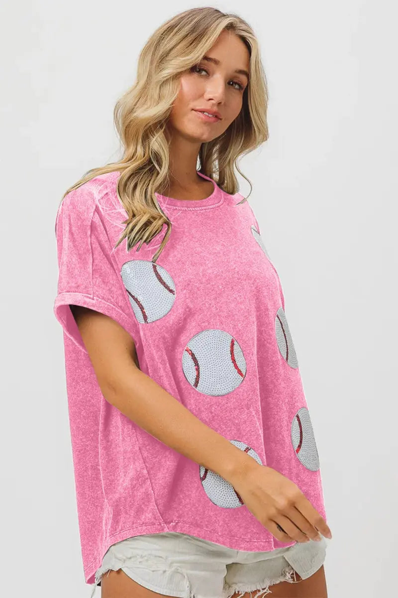 BiBi Sequin Baseball Short Sleeve T-Shirt for Women - Love Salve 