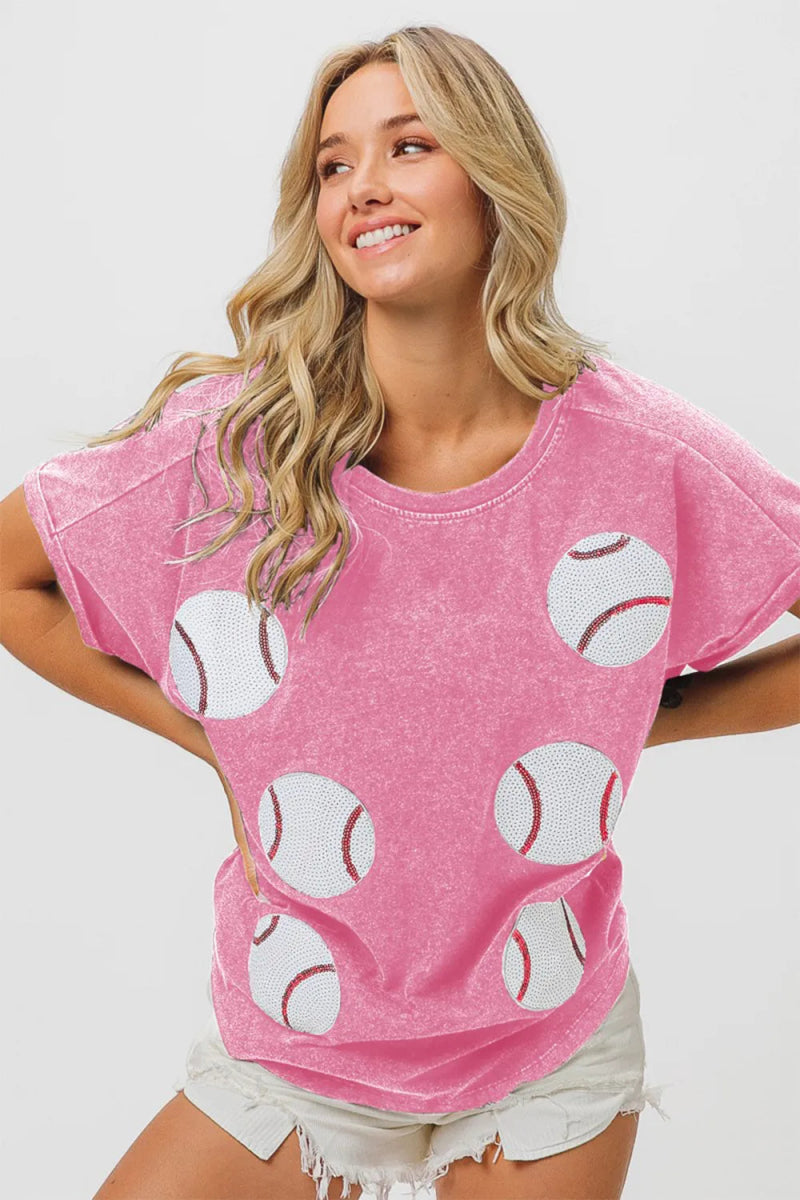 BiBi Sequin Baseball Short Sleeve T-Shirt for Women - Love Salve 
