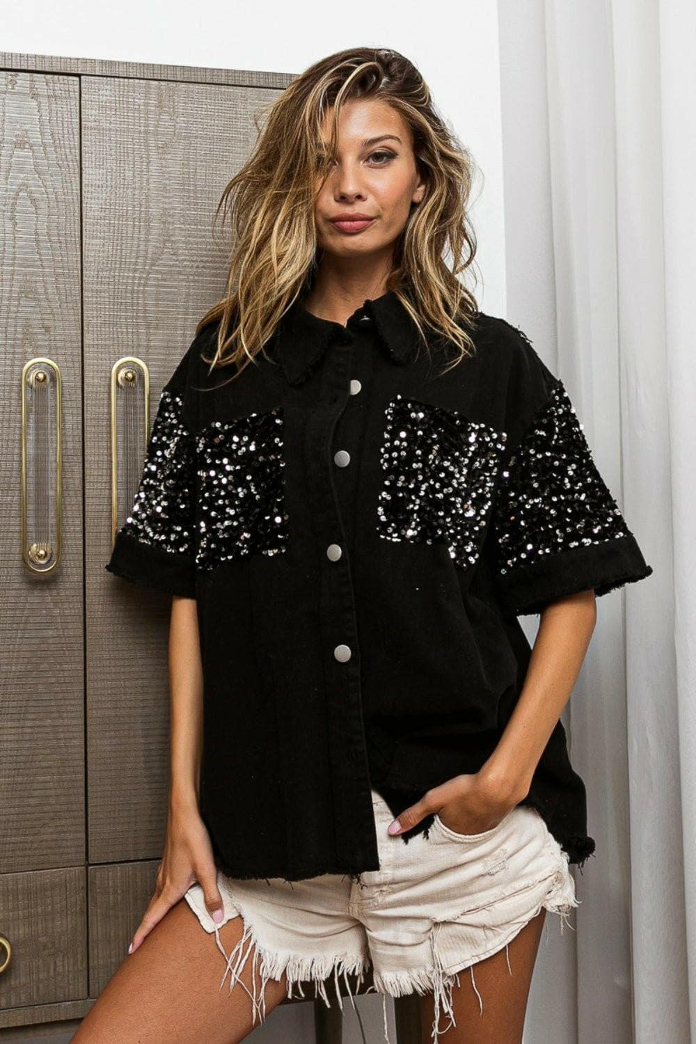 BiBi Sequin Detail Raw Hem Short Sleeve Shirt - Love Salve