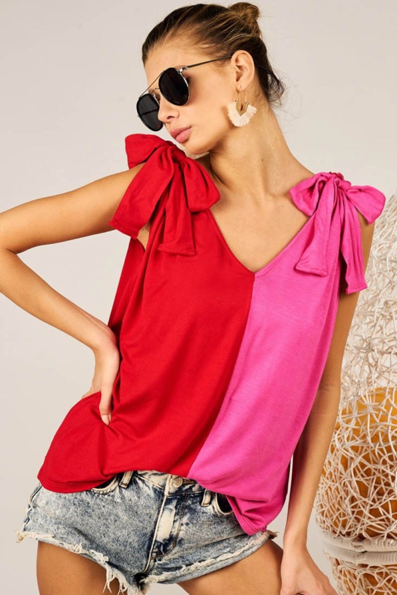 BiBi Shoulder Ribbon Tied Contrast Tank Top for Women - Love Salve 