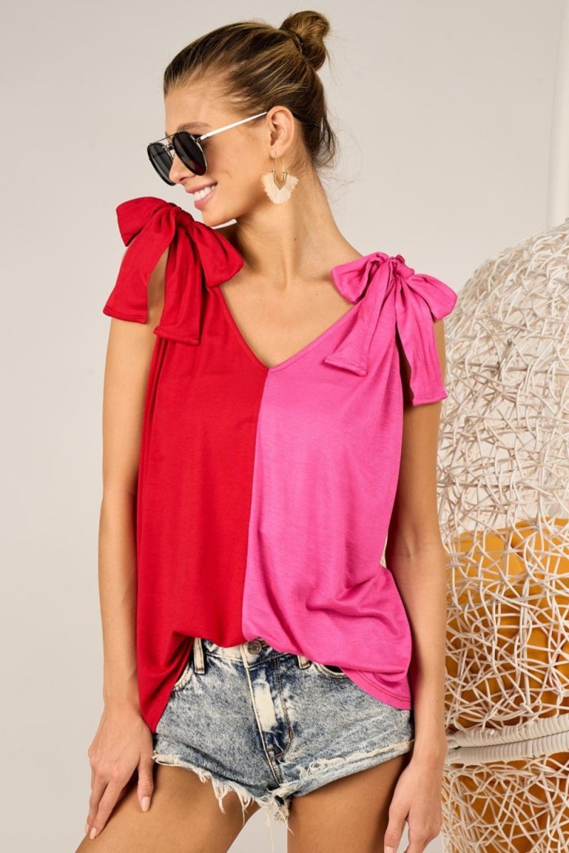 BiBi Shoulder Ribbon Tied Contrast Tank Top for Women - Love Salve 