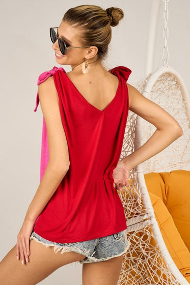 BiBi Shoulder Ribbon Tied Contrast Tank Top for Women - Love Salve 