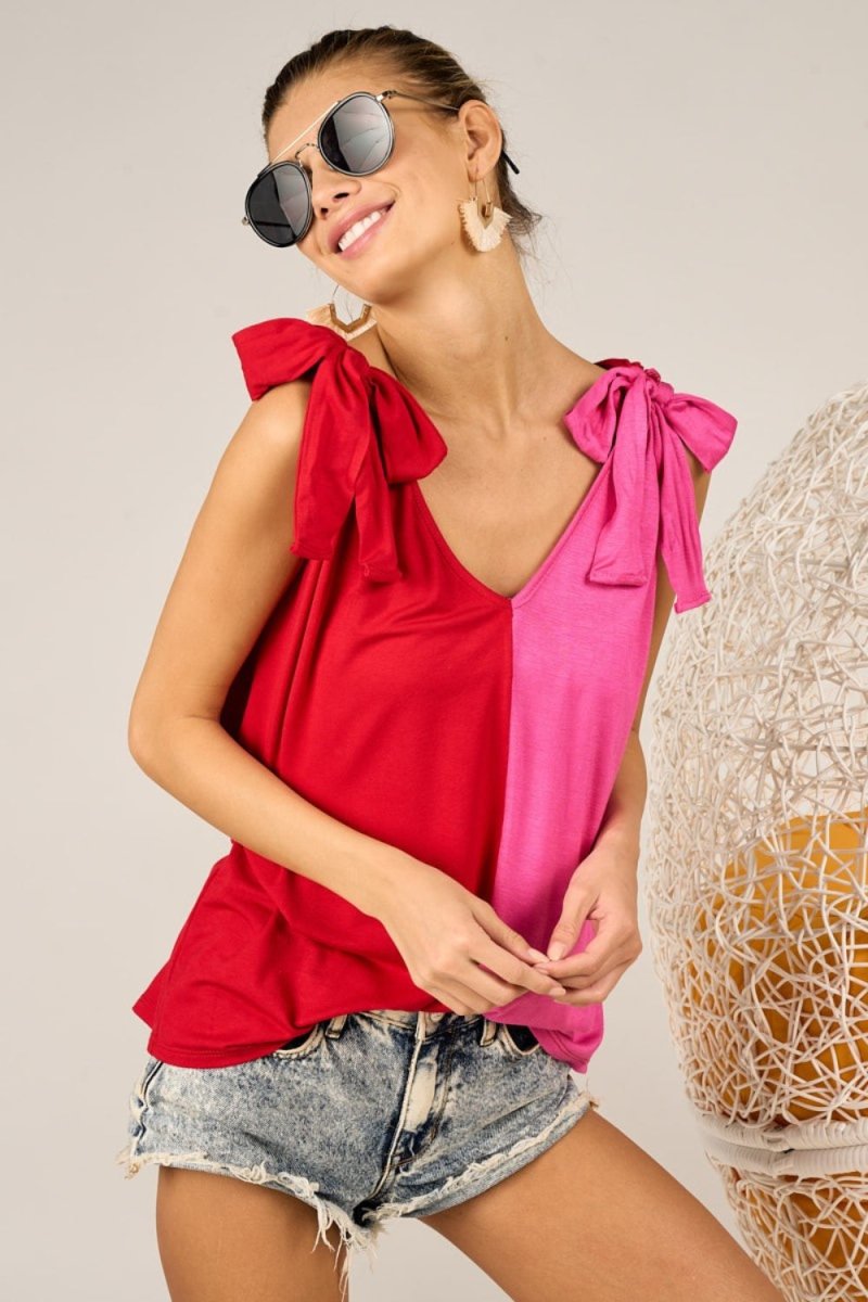 BiBi Shoulder Ribbon Tied Contrast Tank Top for Women - Love Salve 