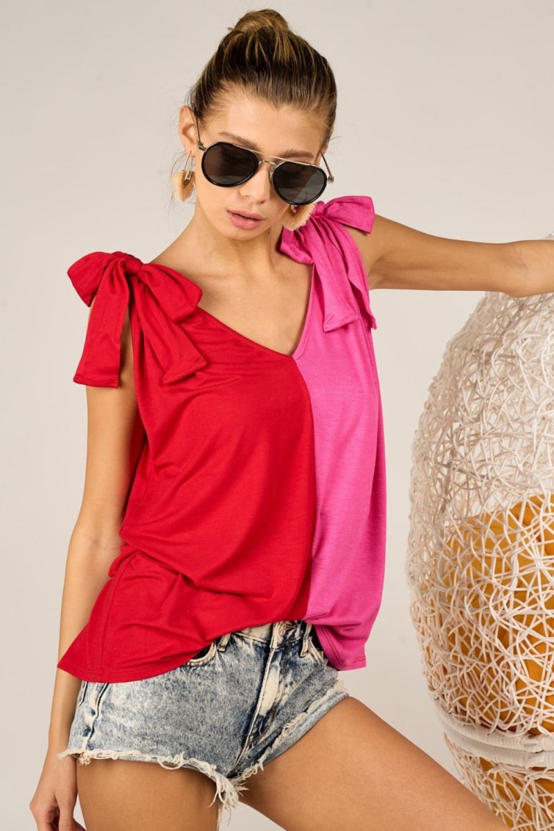 BiBi Shoulder Ribbon Tied Contrast Tank Top for Women - Love Salve 