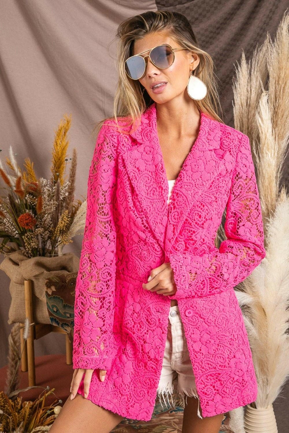 BiBi Single-Breasted Long Sleeve Lace Blazer - Love Salve