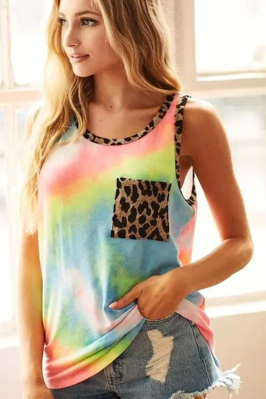 BiBi Sleeveless Tie Dye Top with Leopard Band for Women - Love Salve 