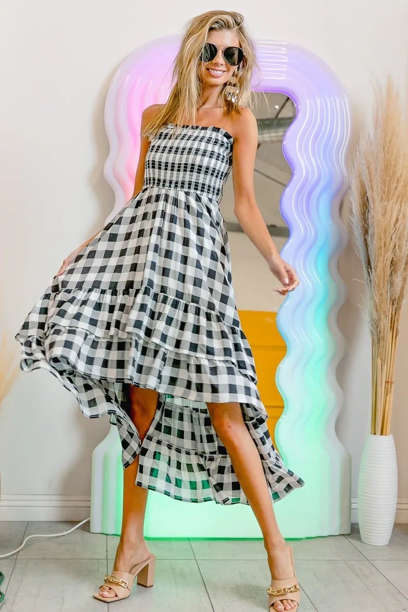 BiBi Smocked Body Off Shoulder Check Dress for Women - Love Salve
