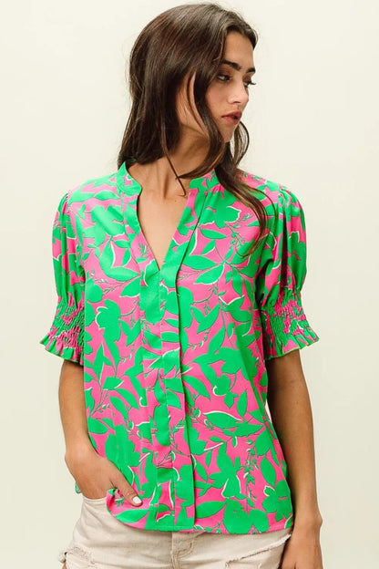 BiBi Smocked Cuff Floral Contrast Top for Women’s Fashion - Love Salve 