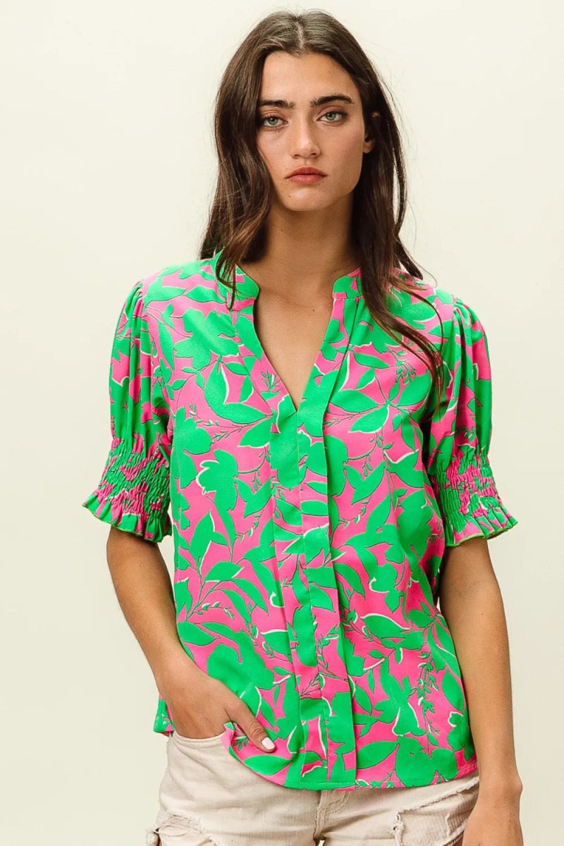 BiBi Smocked Cuff Floral Contrast Top for Women’s Fashion - Love Salve 