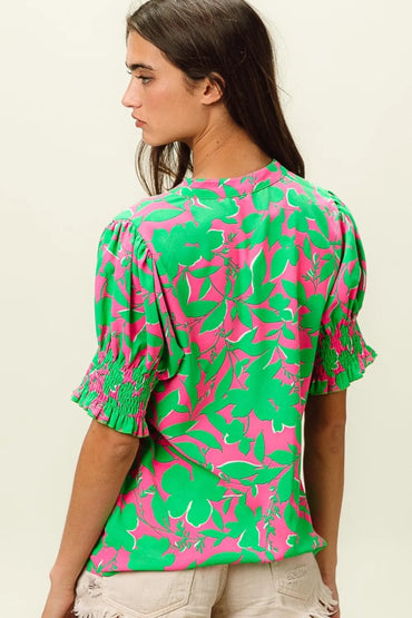 BiBi Smocked Cuff Floral Contrast Top for Women’s Fashion - Love Salve 