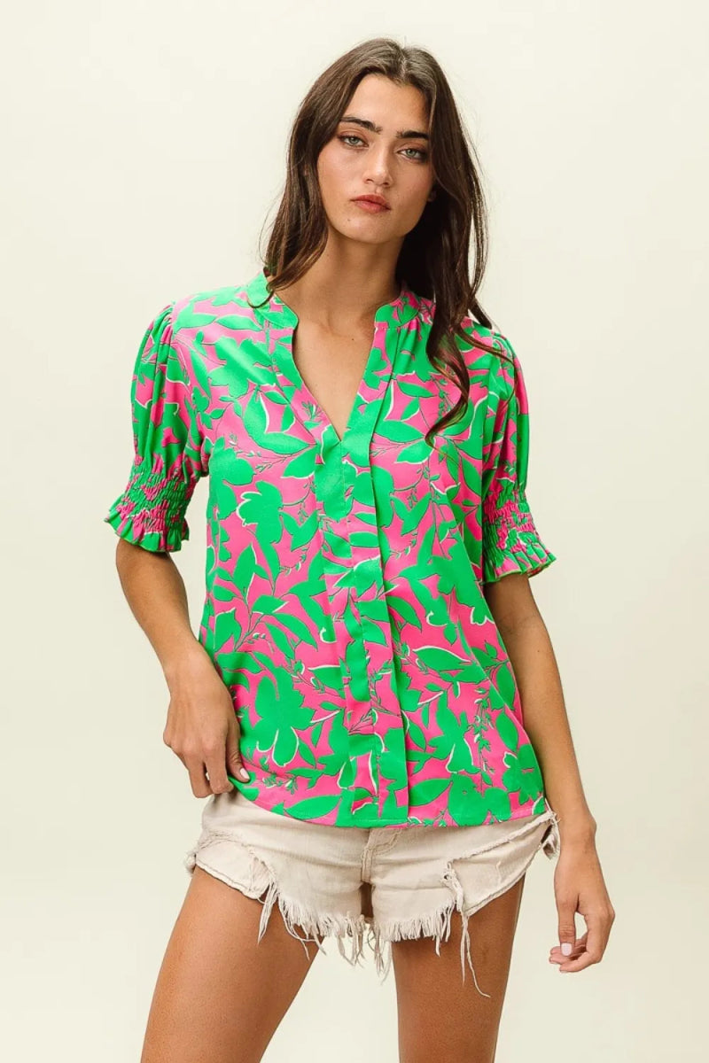 BiBi Smocked Cuff Floral Contrast Top for Women’s Fashion - Love Salve 