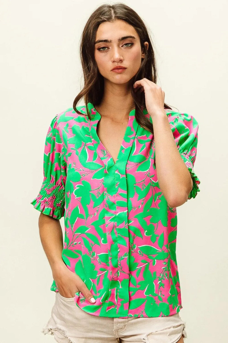 BiBi Smocked Cuff Floral Contrast Top for Women’s Fashion - Love Salve 