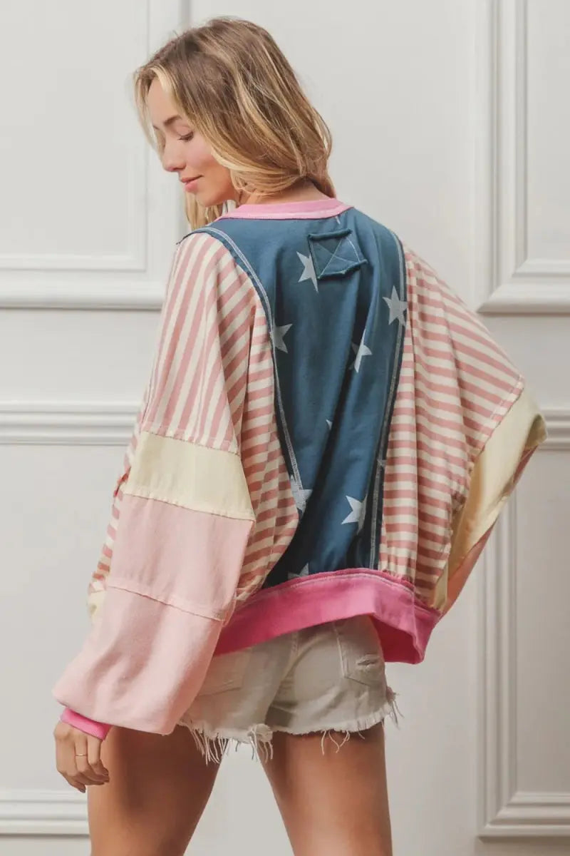 BiBi Stars and Stripes Round Neck Long Sleeve Top for Women - Love Salve 