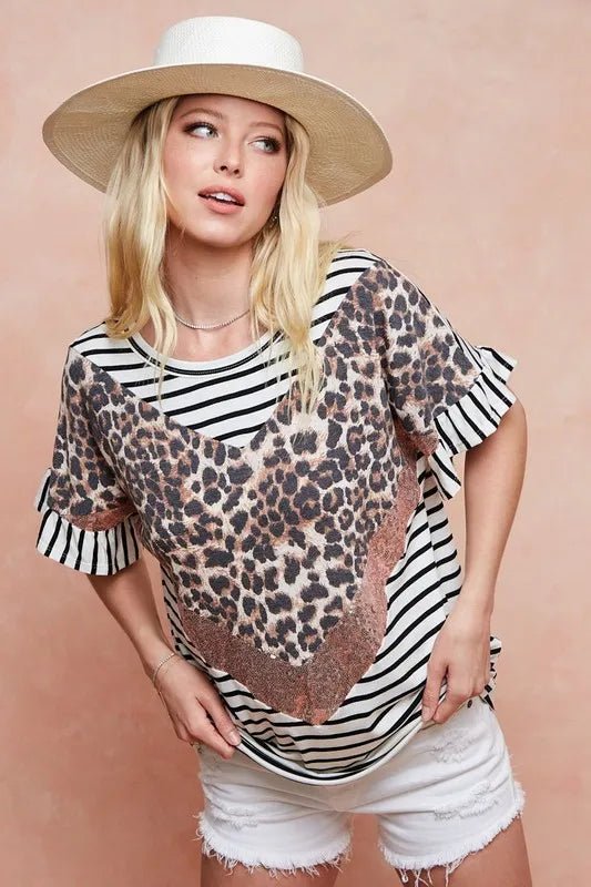 BiBi Stripe Rayon Span Knit Color Block Top With Leopard - Love Salve