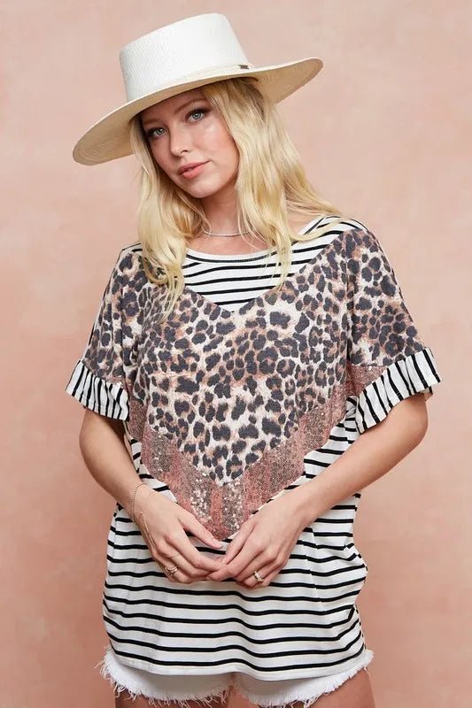 BiBi Stripe Rayon Span Knit Color Block Top With Leopard - Love Salve
