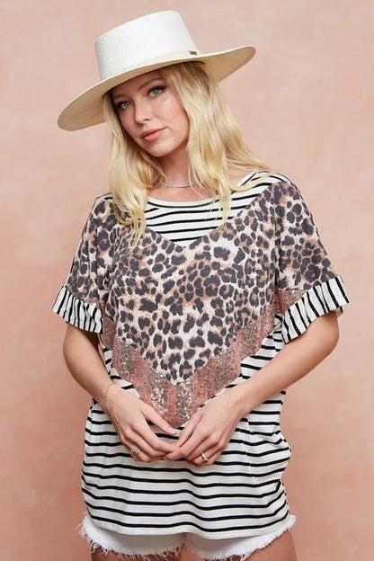 BiBi Stripe Rayon Span Knit Color Block Top With Leopard - Love Salve