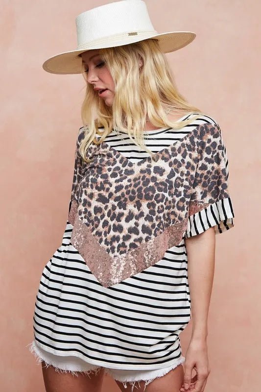 BiBi Stripe Rayon Span Knit Color Block Top With Leopard - Love Salve