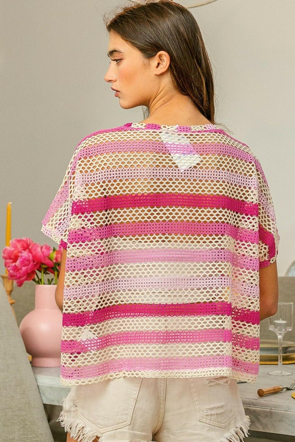 BiBi Striped Openwork Short Sleeve Knit Cover Up - Love Salve