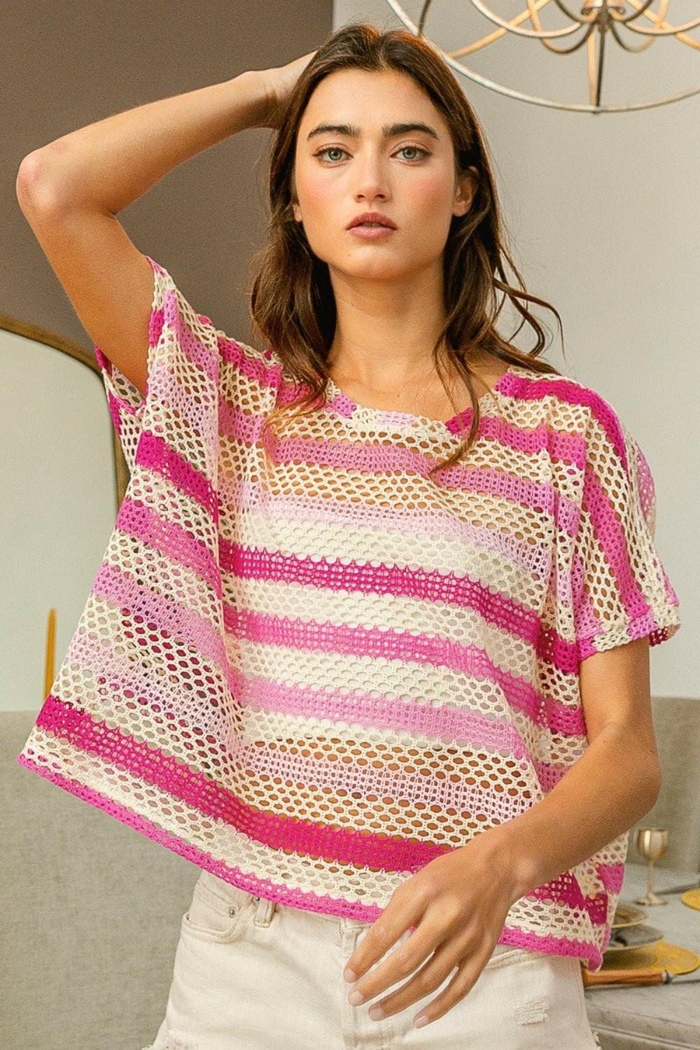 BiBi Striped Openwork Short Sleeve Knit Cover Up - Love Salve