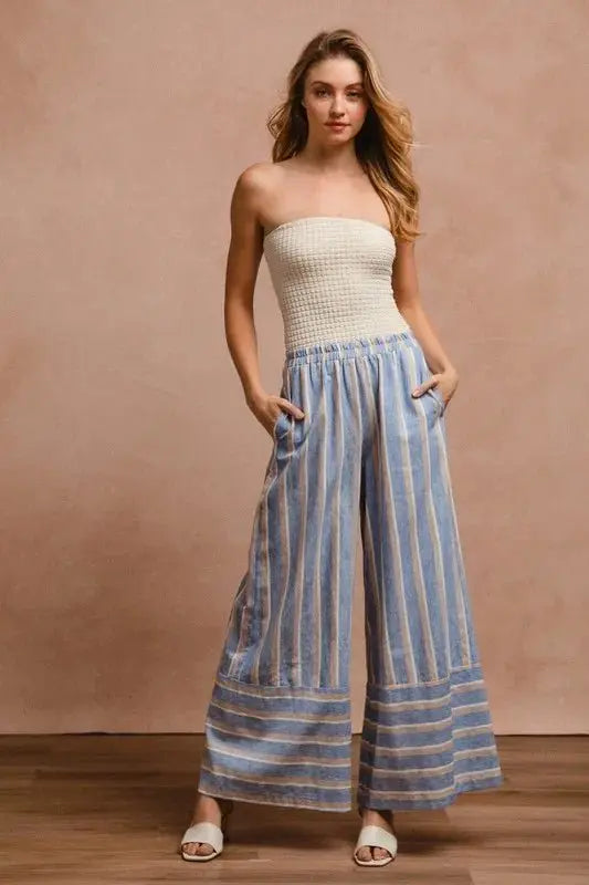 BiBi Striped Wide Leg Pants with Pockets for Women - Love Salve 