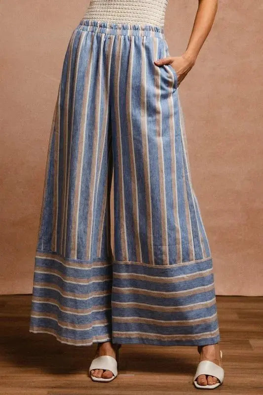 BiBi Striped Wide Leg Pants with Pockets for Women - Love Salve 