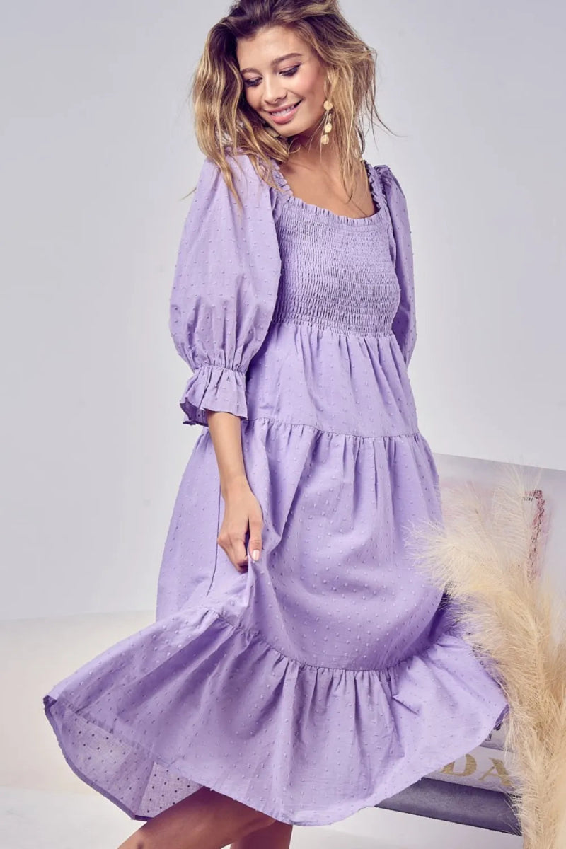 BiBi Swiss Dot Flounce Sleeve Smocked Tiered Midi Dress - Love Salve