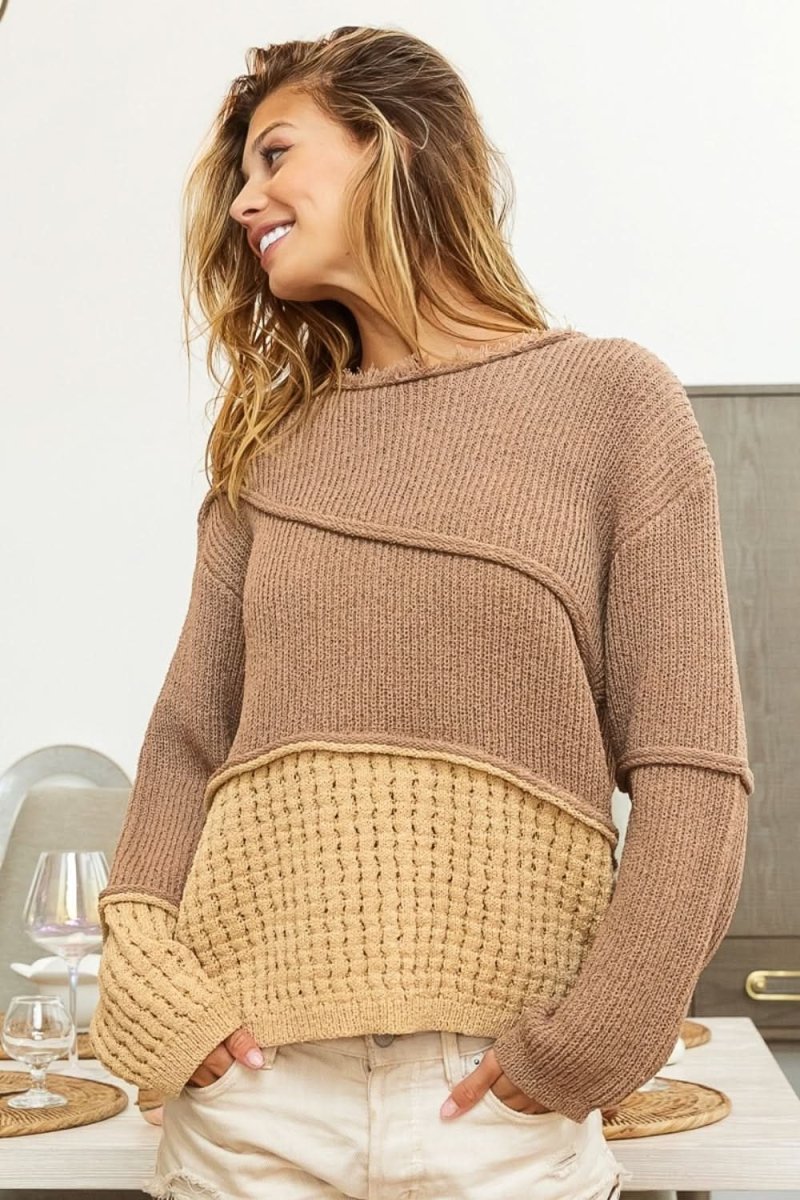 BiBi Texture Detail Contrast Drop Shoulder Sweater - Love Salve 