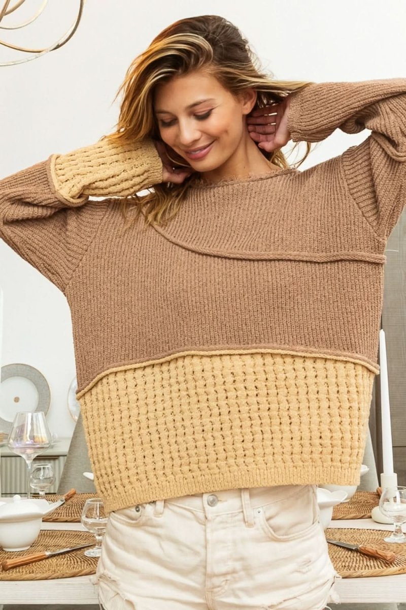 BiBi Texture Detail Contrast Drop Shoulder Sweater - Love Salve 