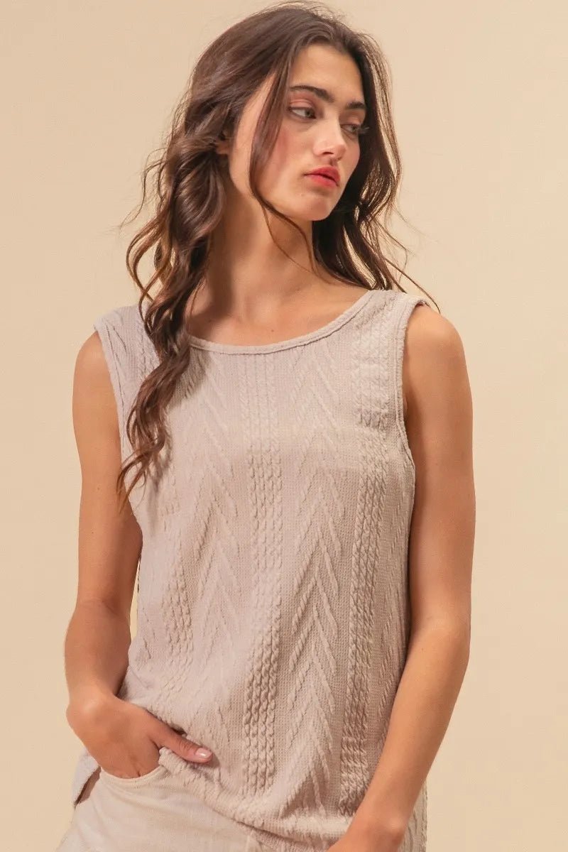 BiBi Textured Sweater Knit Twist Back Sleeveless Top - Love Salve 