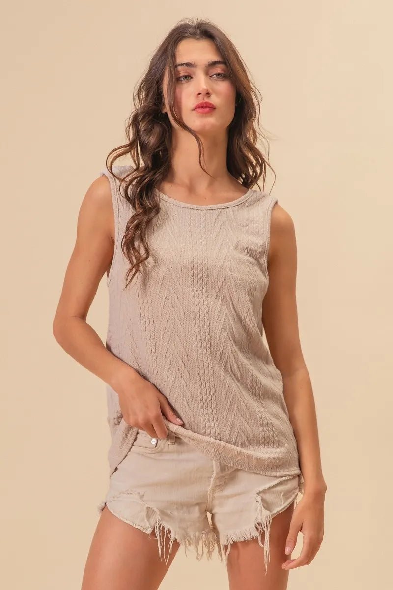 BiBi Textured Sweater Knit Twist Back Sleeveless Top - Love Salve 