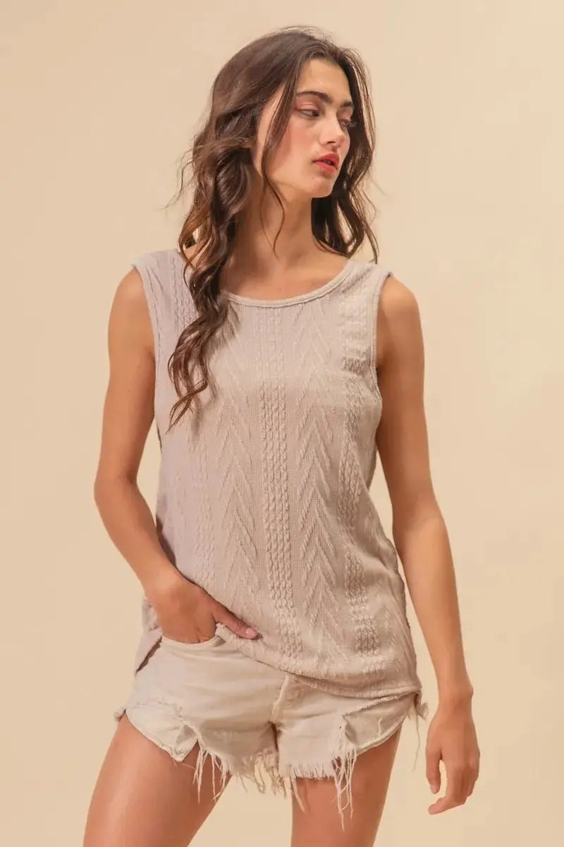 BiBi Textured Sweater Knit Twist Back Sleeveless Top - Love Salve 