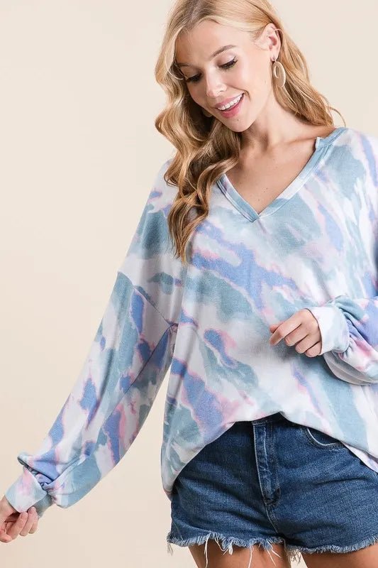 BiBi Tie Dye French Terry Top with Balloon Sleeves - Love Salve