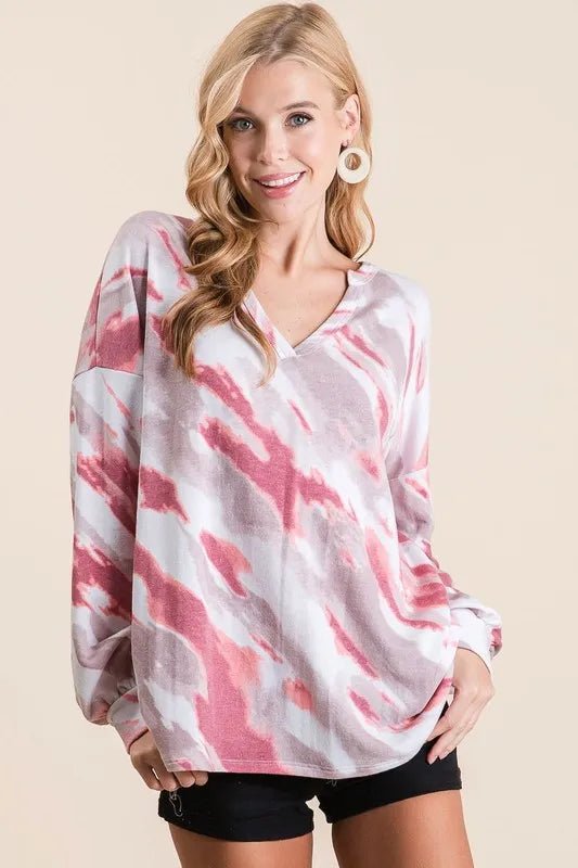 BiBi Tie Dye French Terry Top with Balloon Sleeves - Love Salve
