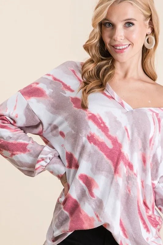 BiBi Tie Dye French Terry Top with Balloon Sleeves - Love Salve