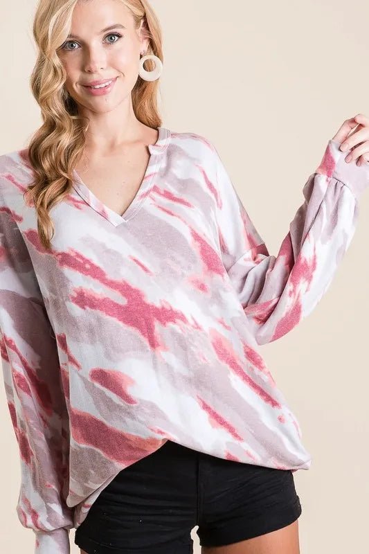 BiBi Tie Dye French Terry Top with Balloon Sleeves - Love Salve